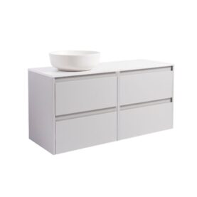 KOMMOD LUXOR 120 GRÅ MED VIT BÄNKSKIVA OCH RUNT VIT MATT TVÄTTSTÄLL 42CM