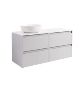 KOMMOD LUXOR 120 GRÅ MED VIT BÄNKSKIVA OCH RUNT VIT MATT TVÄTTSTÄLL 42CM