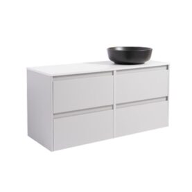 KOMMOD LUXOR 120 GRÅ MED VIT BÄNKSKIVA OCH RUNT SVART MATT TVÄTTSTÄLL 42CM