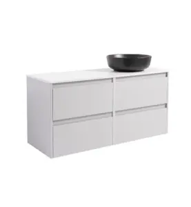 KOMMOD LUXOR 120 GRÅ MED VIT BÄNKSKIVA OCH RUNT SVART MATT TVÄTTSTÄLL 42CM
