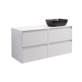 KOMMOD LUXOR 120 GRÅ MED VIT BÄNKSKIVA OCH REKTANGULÄRT SVART MATT TVÄTTSTÄLL 46X33 CM