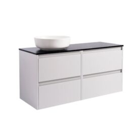 KOMMOD LUXOR 120 GRÅ MED SVART BÄNKSKIVA OCH RUNT VIT MATT TVÄTTSTÄLL 42CM