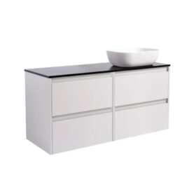 KOMMOD LUXOR 120 GRÅ MED SVART BÄNKSKIVA OCH REKTANGULÄRT VIT MATT TVÄTTSTÄLL 46X33 CM