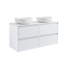 KOMMOD LUXOR 120 VIT MATT MED VIT BÄNKSKIVA OCH 2 STK RUNT VIT MATT TVÄTTSTÄLL 42CM