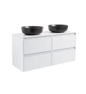 KOMMOD LUXOR 120 VIT MATT MED VIT BÄNKSKIVA OCH 2 STK RUNT SVART MATT TVÄTTSTÄLL 42CM