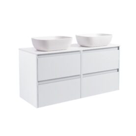 KOMMOD LUXOR 120 VIT MATT MED VIT BÄNKSKIVA OCH 2 STK REKTANGULÄRT VIT MATT TVÄTTSTÄLL 46X33 CM