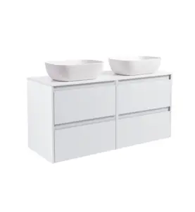 KOMMOD LUXOR 120 VIT MATT MED VIT BÄNKSKIVA OCH 2 STK REKTANGULÄRT VIT MATT TVÄTTSTÄLL 46X33 CM