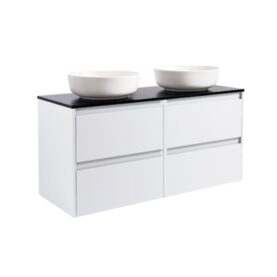 KOMMOD LUXOR 120 VIT MATT MED SVART BÄNKSKIVA OCH 2 STK RUNT VIT MATT TVÄTTSTÄLL 42CM