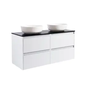 KOMMOD LUXOR 120 VIT MATT MED SVART BÄNKSKIVA OCH 2 STK RUNT VIT MATT TVÄTTSTÄLL 42CM
