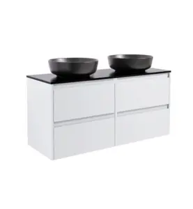 KOMMOD LUXOR 120 VIT MATT MED SVART BÄNKSKIVA OCH 2 STK RUNT SVART MATT TVÄTTSTÄLL 42CM