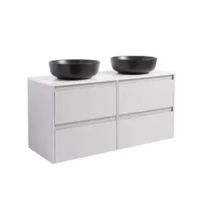 KOMMOD LUXOR 120 GRÅ MED VIT BÄNKSKIVA OCH 2 STK RUNT SVART MATT TVÄTTSTÄLL 42CM