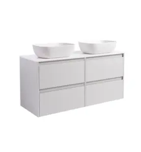 KOMMOD LUXOR 120 GRÅ MED VIT BÄNKSKIVA OCH 2 STK REKTANGULÄRT VIT MATT TVÄTTSTÄLL 46X33 CM