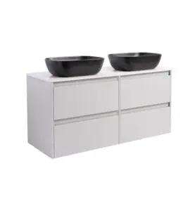 KOMMOD LUXOR 120 GRÅ MED VIT BÄNKSKIVA OCH 2 STK REKTANGULÄRT SVART MATT TVÄTTSTÄLL 46X33 CM
