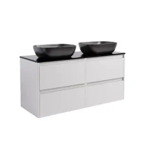 KOMMOD LUXOR 120 GRÅ MED SVART BÄNKSKIVA OCH 2 STK REKTANGULÄRT SVART MATT TVÄTTSTÄLL 46X33 CM