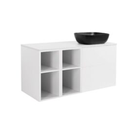 MÖBELPAKET ISELLA MATTVIT INKL TVÅ ÖPPNA SIDOSKÅP, VIT BÄNKSKIVA & SVART REKTAGULÄRT TVÄTTSTÄLL