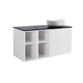 MÖBELPAKET ISELLA MATTVIT INKL TVÅ ÖPPNA SIDOSKÅP, SVART BÄNKSKIVA & VIT RUNT TVÄTTSTÄLL