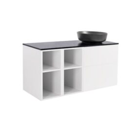 MÖBELPAKET ISELLA MATTVIT INKL TVÅ ÖPPNA SIDOSKÅP, SVART BÄNKSKIVA & SVART RUNT TVÄTTSTÄLL