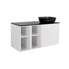 MÖBELPAKET ISELLA MATTVIT INKL TVÅ ÖPPNA SIDOSKÅP, SVART BÄNKSKIVA & SVART REKTAGULÄRT TVÄTTSTÄLL