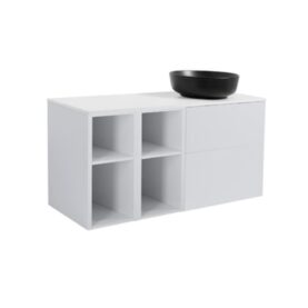 MÖBELPAKET ISELLA GRÅ INKL TVÅ ÖPPNA SIDOSKÅP, VIT BÄNKSKIVA & SVART RUNT TVÄTTSTÄLL