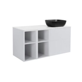 MÖBELPAKET ISELLA GRÅ INKL TVÅ ÖPPNA SIDOSKÅP, VIT BÄNKSKIVA & SVART REKTAGULÄRT TVÄTTSTÄLL