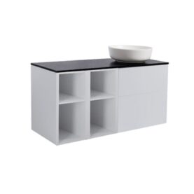 MÖBELPAKET ISELLA GRÅ INKL TVÅ ÖPPNA SIDOSKÅP, SVART BÄNKSKIVA & VIT RUNT TVÄTTSTÄLL