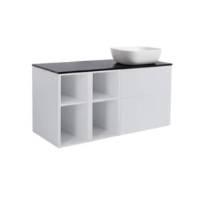 MÖBELPAKET ISELLA GRÅ INKL TVÅ ÖPPNA SIDOSKÅP, SVART BÄNKSKIVA & VIT REKTAGULÄRT TVÄTTSTÄLL