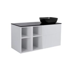 MÖBELPAKET ISELLA GRÅ INKL TVÅ ÖPPNA SIDOSKÅP, SVART BÄNKSKIVA & SVART REKTAGULÄRT TVÄTTSTÄLL