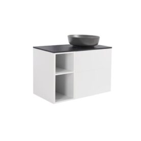 MÖBELPAKET ISELLA VIT 60+30 INKL ÖPPET SIDOSKÅP, SVART BÄNKSKIVA & SVART RUNT TVÄTTSTÄLL