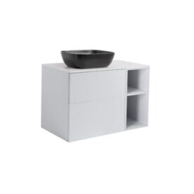 MÖBELPAKET ISELLA GRÅ 60+30 INKL ÖPPET SIDOSKÅP, VIT BÄNKSKIVA & SVART REKTANGULÄRT TVÄTTSTÄLL