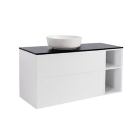 MÖBELPAKET ISELLA VIT 90+30 INKL ÖPPET SIDOSKÅP, SVART BÄNKSKIVA & VITT RUNT TVÄTTSTÄLL