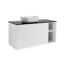 MÖBELPAKET ISELLA VIT 90+30 INKL ÖPPET SIDOSKÅP, SVART BÄNKSKIVA & VITT REKTANGULÄRT TVÄTTSTÄLL