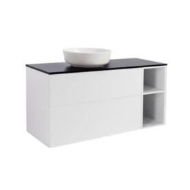 MÖBELPAKET ISELLA MATTVIT 90+30 INKL ÖPPET SIDOSKÅP, SVART BÄNKSKIVA & VITT RUNT TVÄTTSTÄLL