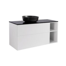 MÖBELPAKET ISELLA MATTVIT 90+30 INKL ÖPPET SIDOSKÅP, SVART BÄNKSKIVA & SVART RUNT TVÄTTSTÄLL