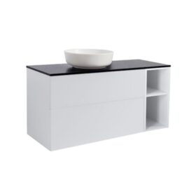 MÖBELPAKET ISELLA GRÅ 90+30 INKL ÖPPET SIDOSKÅP, SVART BÄNKSKIVA & VITT RUNT TVÄTTSTÄLL