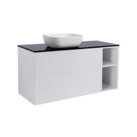 MÖBELPAKET ISELLA GRÅ 90+30 INKL ÖPPET SIDOSKÅP, SVART BÄNKSKIVA & VITT REKTANGULÄRT TVÄTTSTÄLL