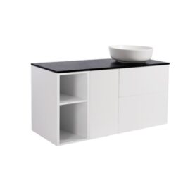 MÖBELPAKET ISELLA VIT 60+30+30 TVÄTTKORG & SIDOSKÅP, SVART BÄNKSKIVA & VIT RUNT TVÄTTSTÄLL