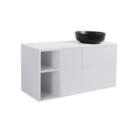 MÖBELPAKET ISELLA GRÅ 60+30+30 TVÄTTKORG & SIDOSKÅP, VIT BÄNKSKIVA & SVART RUNT TVÄTTSTÄLL