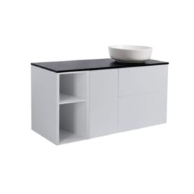 MÖBELPAKET ISELLA GRÅ 60+30+30 TVÄTTKORG & SIDOSKÅP, SVART BÄNKSKIVA & VIT RUNT TVÄTTSTÄLL