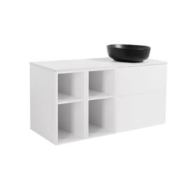 MÖBELPAKET ISELLA VIT INKL TVÅ ÖPPNA SIDOSKÅP, VIT BÄNKSKIVA & SVART RUNT TVÄTTSTÄLL