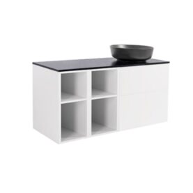 MÖBELPAKET ISELLA VIT INKL TVÅ ÖPPNA SIDOSKÅP, SVART BÄNKSKIVA & SVART RUNT TVÄTTSTÄLL