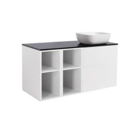 MÖBELPAKET ISELLA VIT INKL TVÅ ÖPPNA SIDOSKÅP, SVART BÄNKSKIVA & VIT REKTAGULÄRT TVÄTTSTÄLL