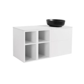 MÖBELPAKET ISELLA MATTVIT INKL TVÅ ÖPPNA SIDOSKÅP, VIT BÄNKSKIVA & SVART RUNT TVÄTTSTÄLL