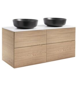 KOMMOD ISELLA 120 EK MED VIT BÄNKSKIVA OCH 2 STK RUNDA SVARTA MATTA TVÄTTSTÄLL 42 CM