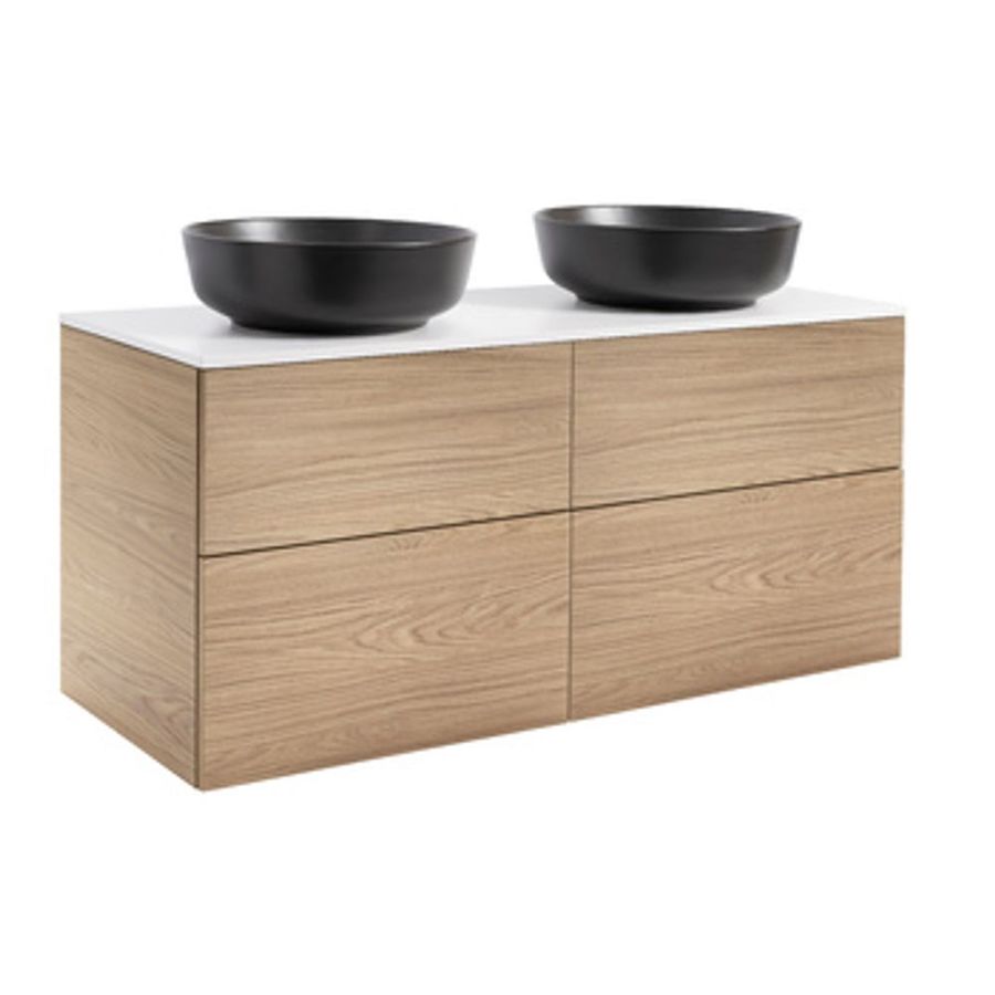 KOMMOD ISELLA 120 EK MED VIT BÄNKSKIVA OCH 2 STK RUNDA SVARTA MATTA TVÄTTSTÄLL 42 CM