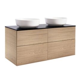 KOMMOD ISELLA 120 EK MED SVART BÄNKSKIVA OCH 2 STK RUNDA VITA MATTA TVÄTTSTÄLL 42 CM