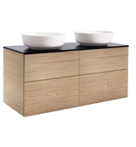 KOMMOD ISELLA 120 EK MED SVART BÄNKSKIVA OCH 2 STK RUNDA VITA MATTA TVÄTTSTÄLL 42 CM