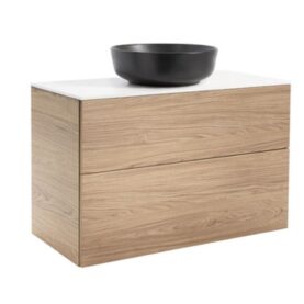 KOMMOD ISELLA 90 EK MED VIT BÄNKSKIVA OCH RUNT SVART MATT TVÄTTSTÄLL 42 CM