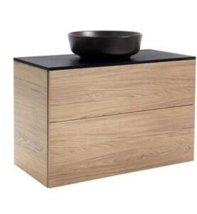 KOMMOD ISELLA 90 EK MED SVART BÄNKSKIVA OCH RUNT SVART MATT TVÄTTSTÄLL 42 CM