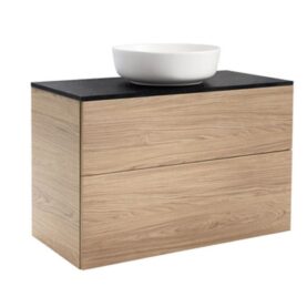 KOMMOD ISELLA 90 EK MED SVART BÄNKSKIVA OCH RUNT VIT MATT TVÄTTSTÄLL 42 CM