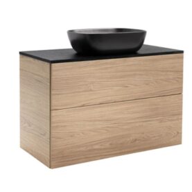 KOMMOD ISELLA 90 EK MED SVART BÄNKSKIVA OCH REKTANGULÄRT SVART MATT TVÄTTSTÄLL 46X33 CM